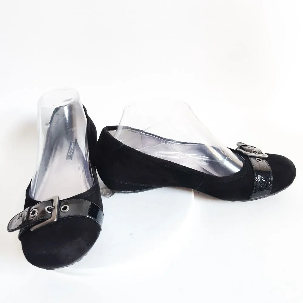 Ecco Flats Size 6 - 6.5 / 37 Suede Patent Leather Belt Buckle Black Comfort Shoe
